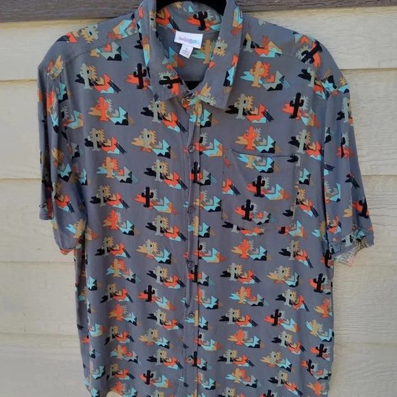 Lularoe Michael's Short Sleeve Full Button Shirt Desert Gray and Orange Breezy L - Picture 4 of 8